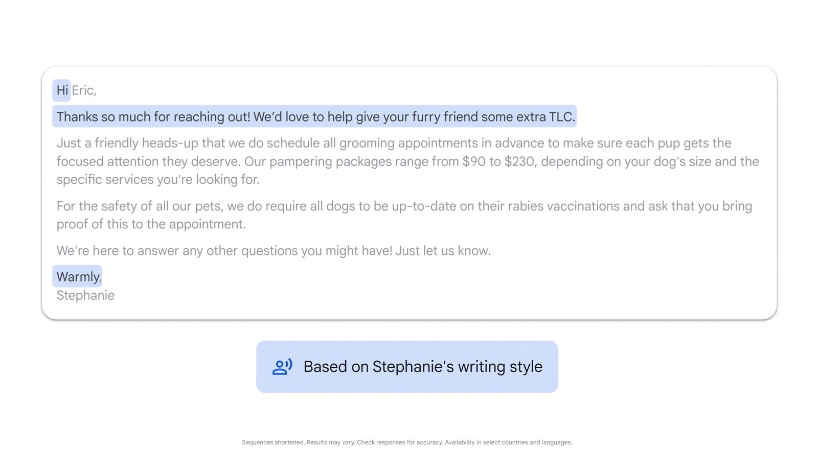 Gemini: Gmail email personalization based on the user's writing style.