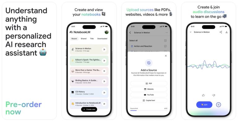 Google NotebookLM AI app for iPhone.