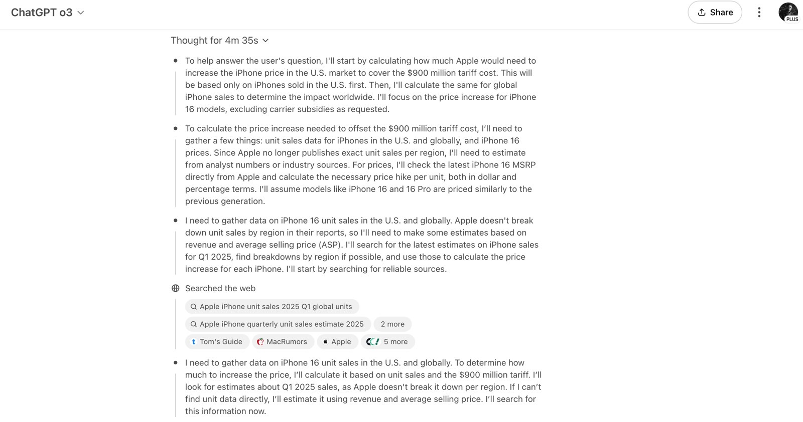 ChatGPT o3 reasoning to find out how many iPhones Apple sells each quarter.