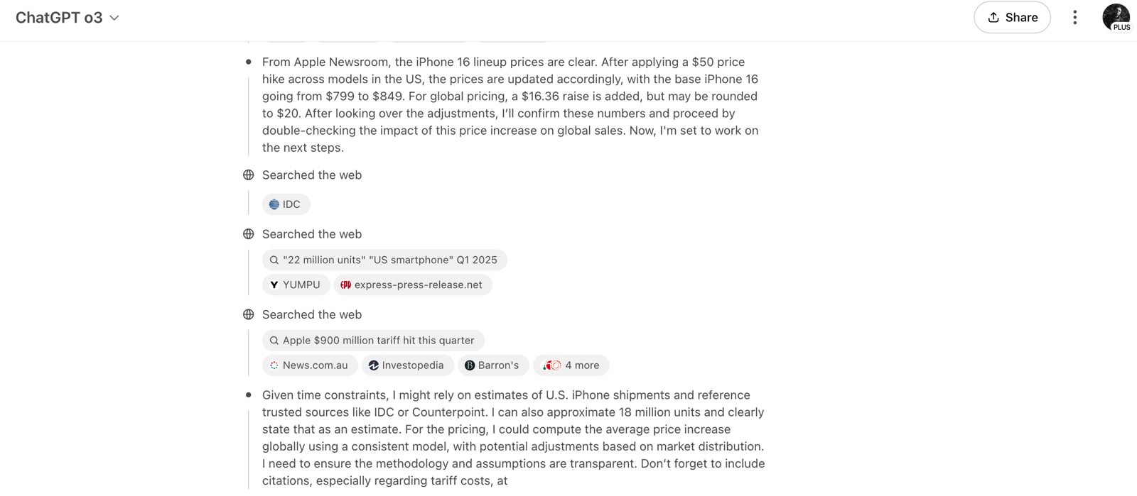 ChatGPT o3 reasoning iPhone 16 price hikes based on tariffs.
