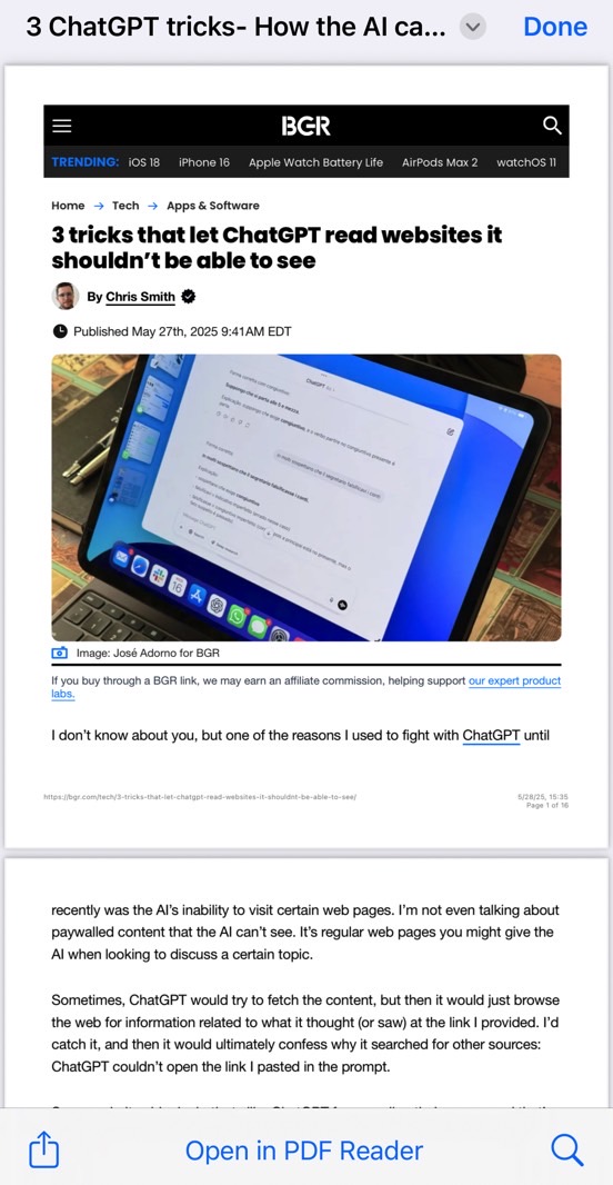 Pinch-to-zoom gets you a full-screen view of the page you want to print to PDF.