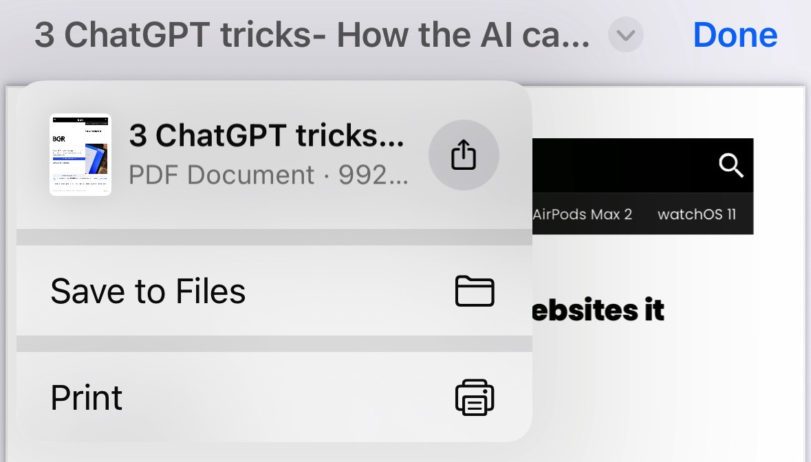 Tap the file name and you can print the PDF to the Files app directly.