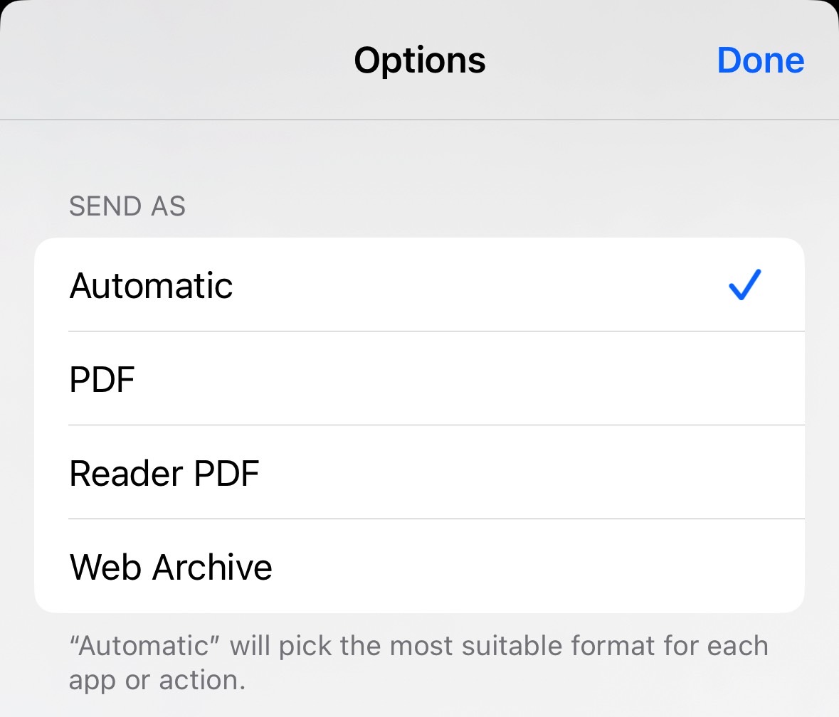 Pick PDF from the list to share the web page as a PDF.