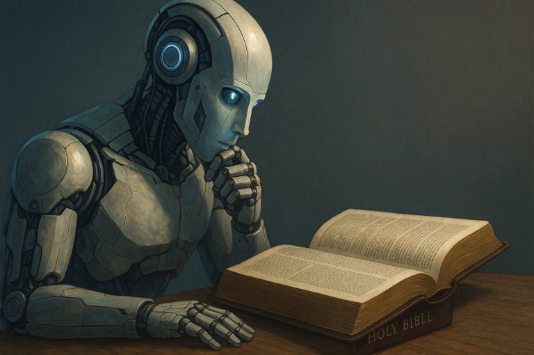 An AI robot studying a Bible (Image generated with ChatGPT 4o).