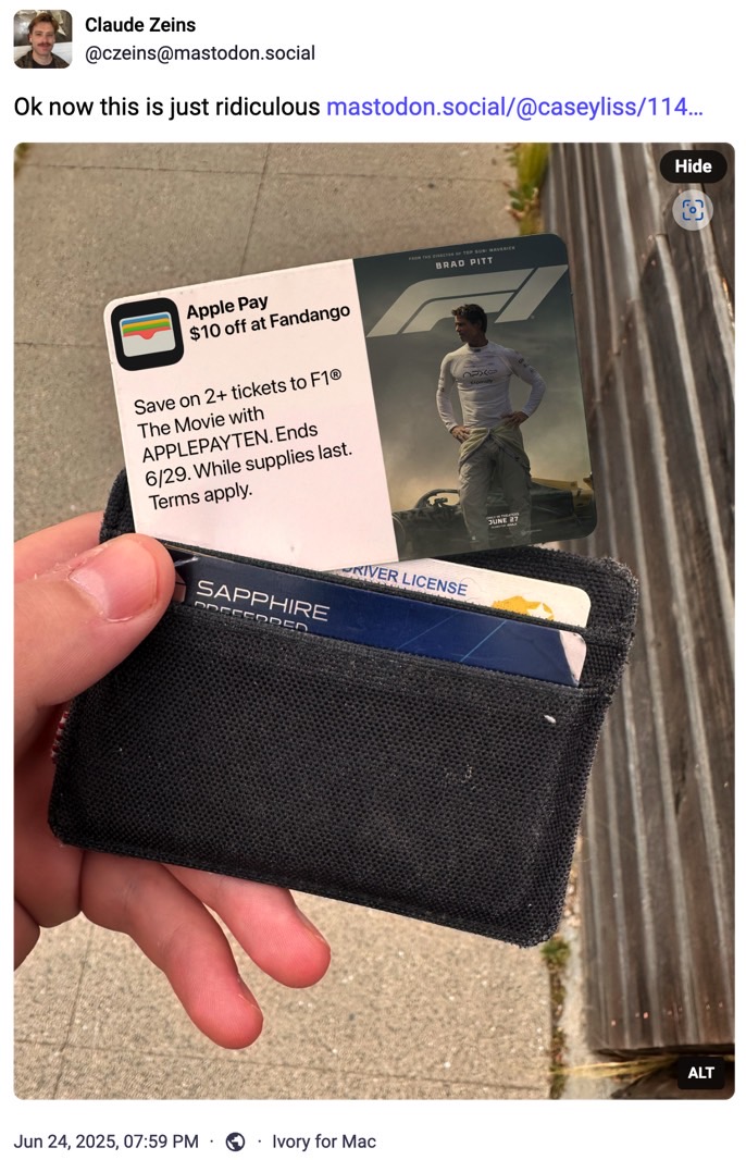Mastodon user Claude Zeins making fun of Apple's F1 Wallet app ad.