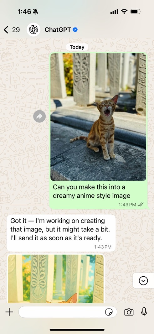 A prompt in a WhatsApp chat asking ChatGPT to edit a real photo.