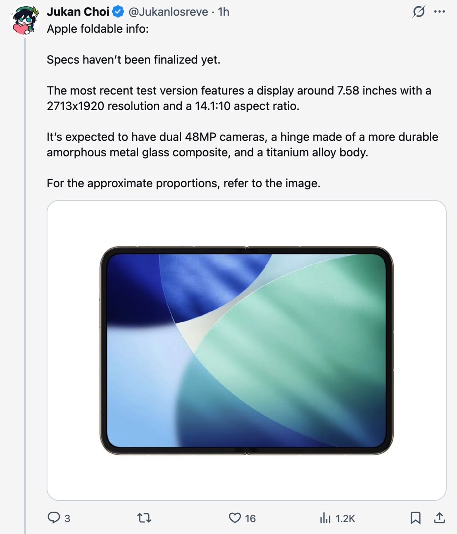 The purported size, specs and schematic of a foldable iPhone prototype.
