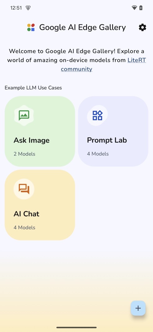 Google AI Edge Gallery app: The home page.