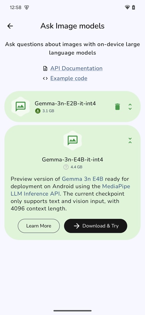 Google AI Edge Gallery app: Picking or downloading an AI model.