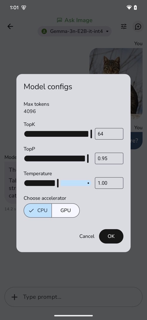 Google AI Edge Gallery app: Allocating phone resources to an AI task.