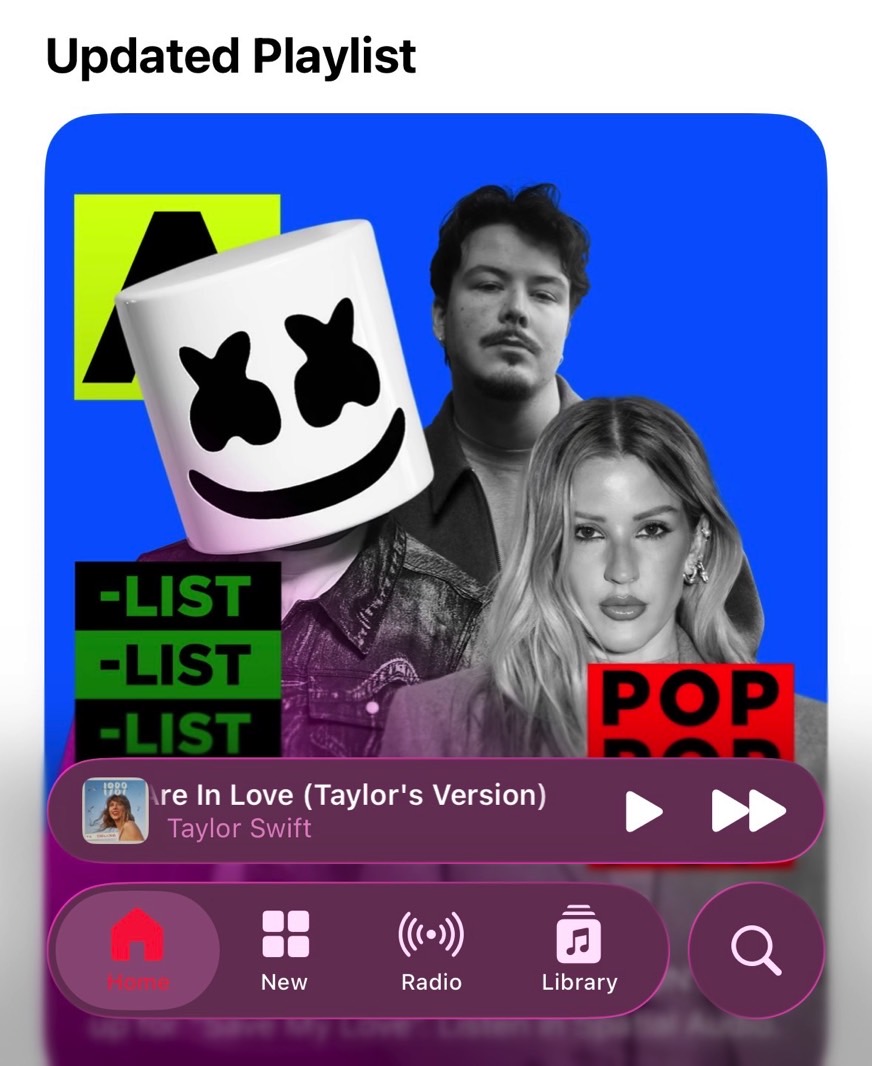 iOS 26 Liquid Glass menus in the Music app: Transparency off (reduced).