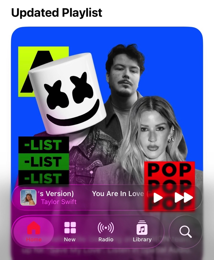 iOS 26 Liquid Glass menus in the Music app: Transparency on.