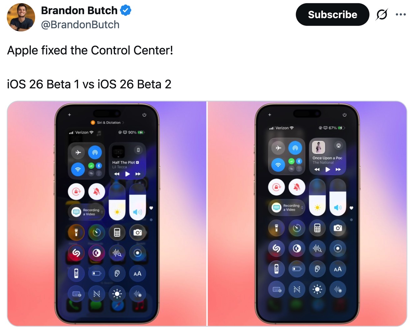 Control Center in iOS 26 beta 1 (left) vs. iOS 26 beta 2 (right).