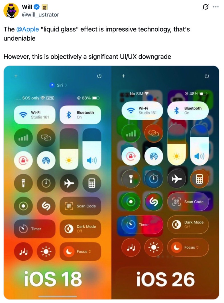 Control Center in iOS 18 (left) and iOS 26 (right).