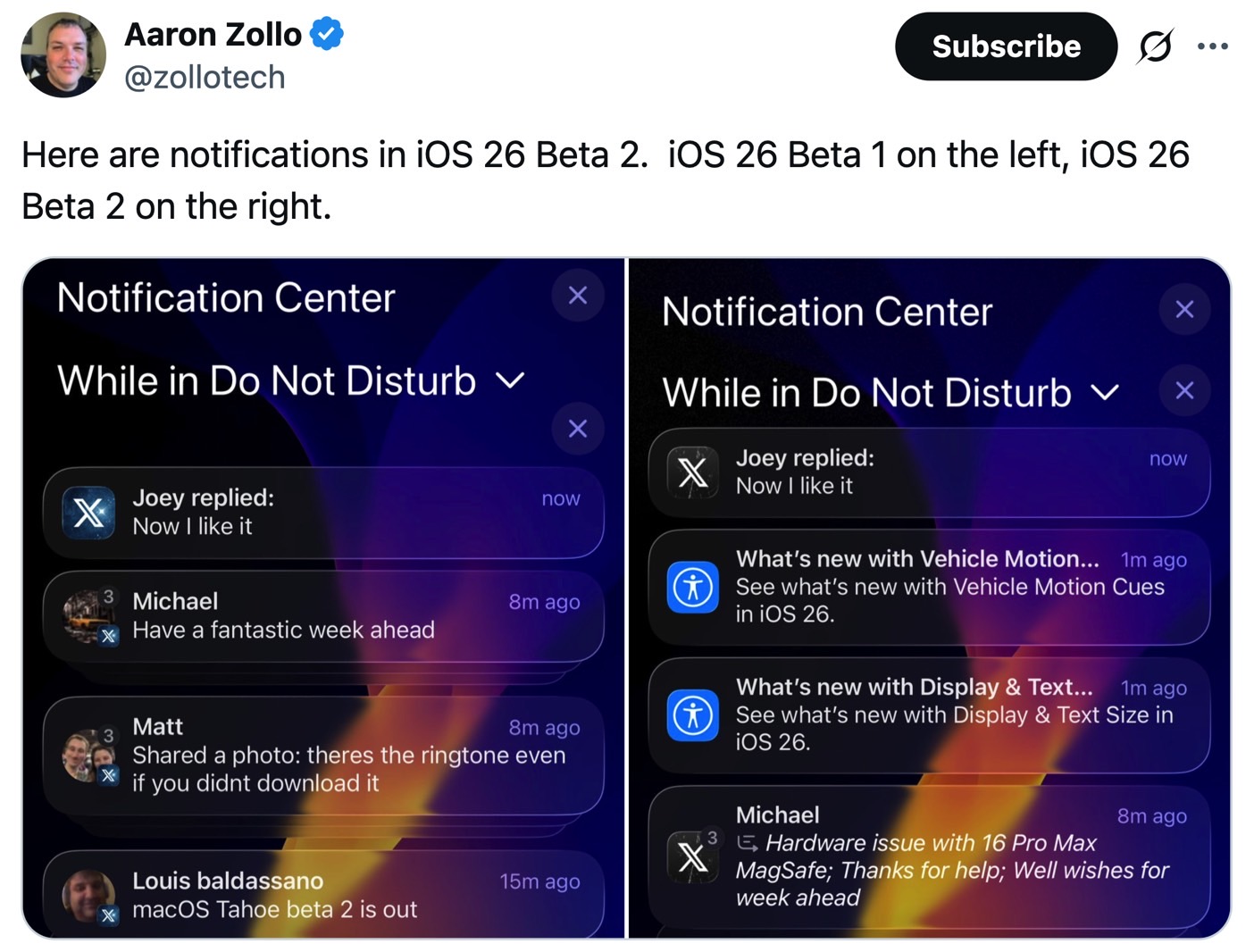 Notifications in iOS 26 beta 1 (left) vs. iOS 26 beta 2 (right).