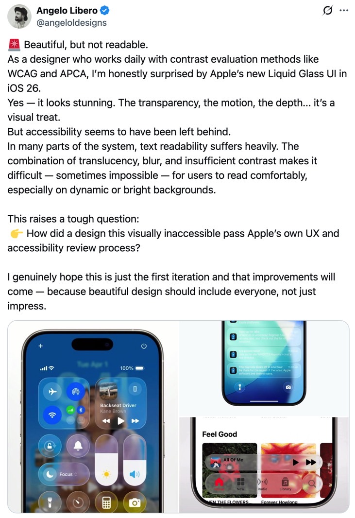Other iOS 26 beta 1 users criticized some Liquid Glass design choices.