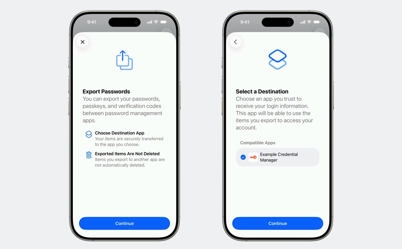 iOS 26: Exporting passkeys in the Passwords app.