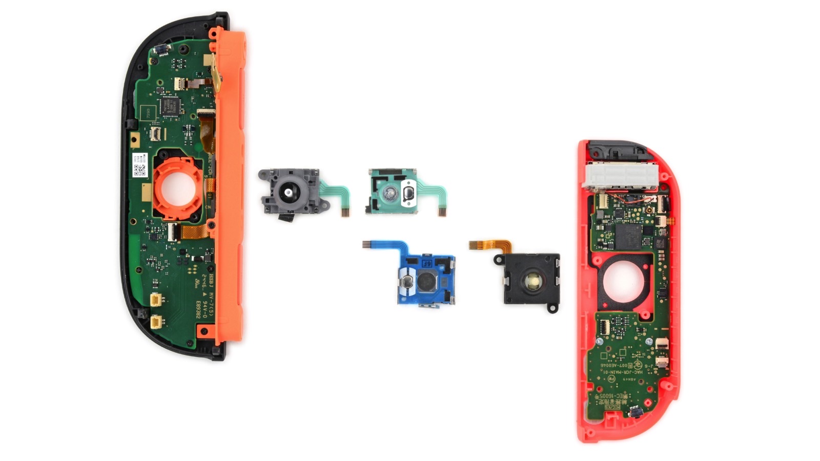 Teardown: Switch 2 Joy-Con 2 controller (left) vs. Switch Joy-Con controller (right).
