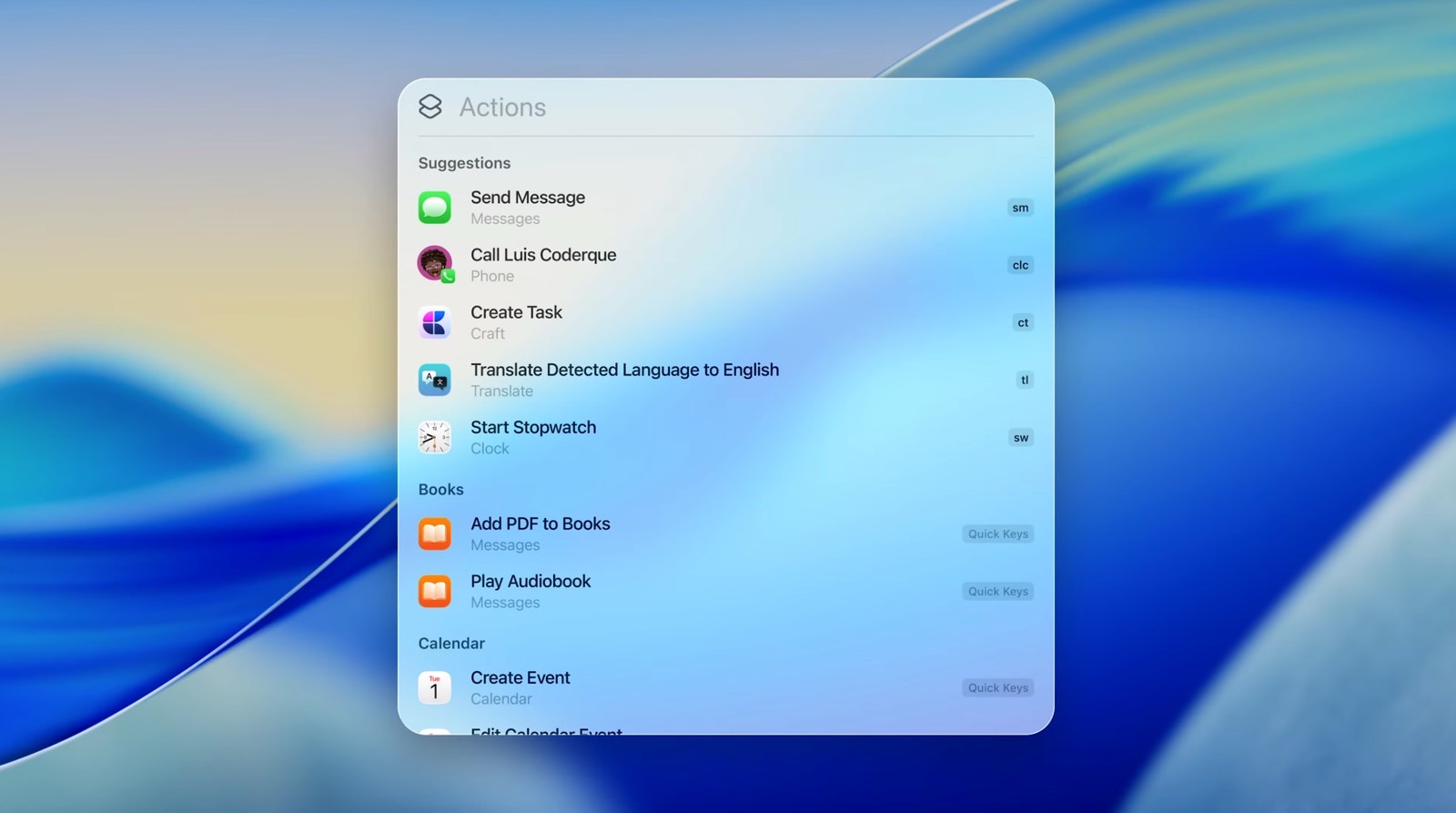 Actions in Spotlight in macOS 26.