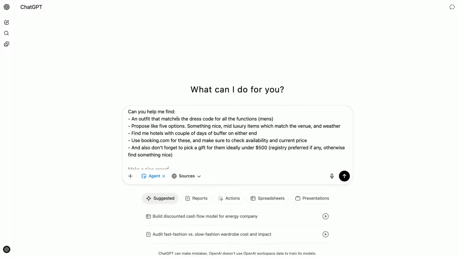A prompt listing several tasks for ChatGPT Agent.