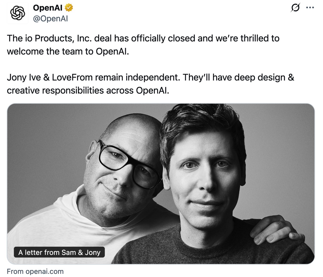 OpenAI announced on X it has finalized the purchase of io Products.
