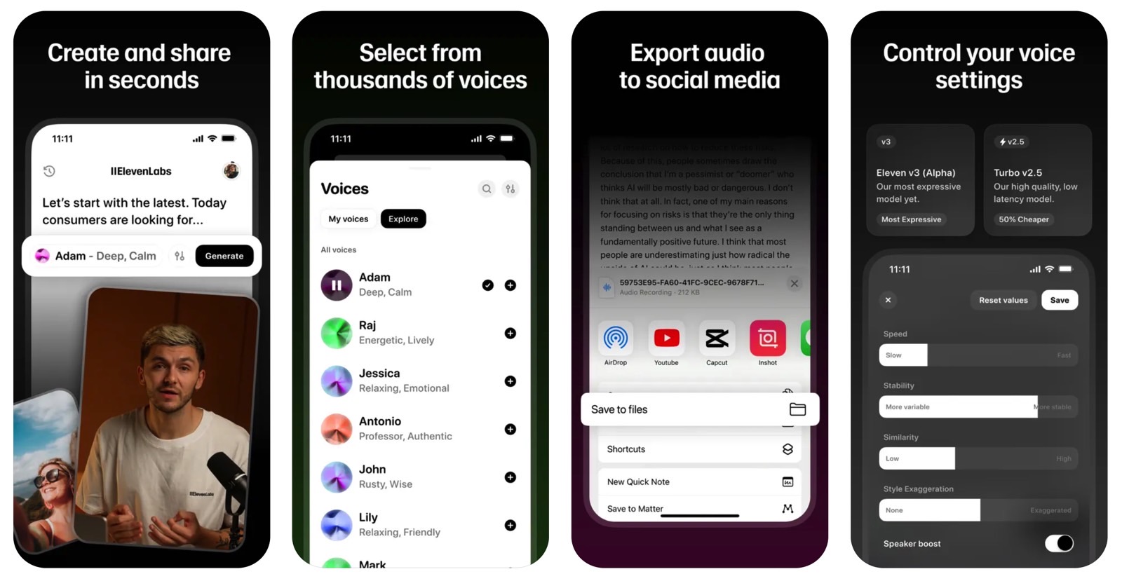 Screenshots showing how ElevenLabs: AI Voice Generator works.