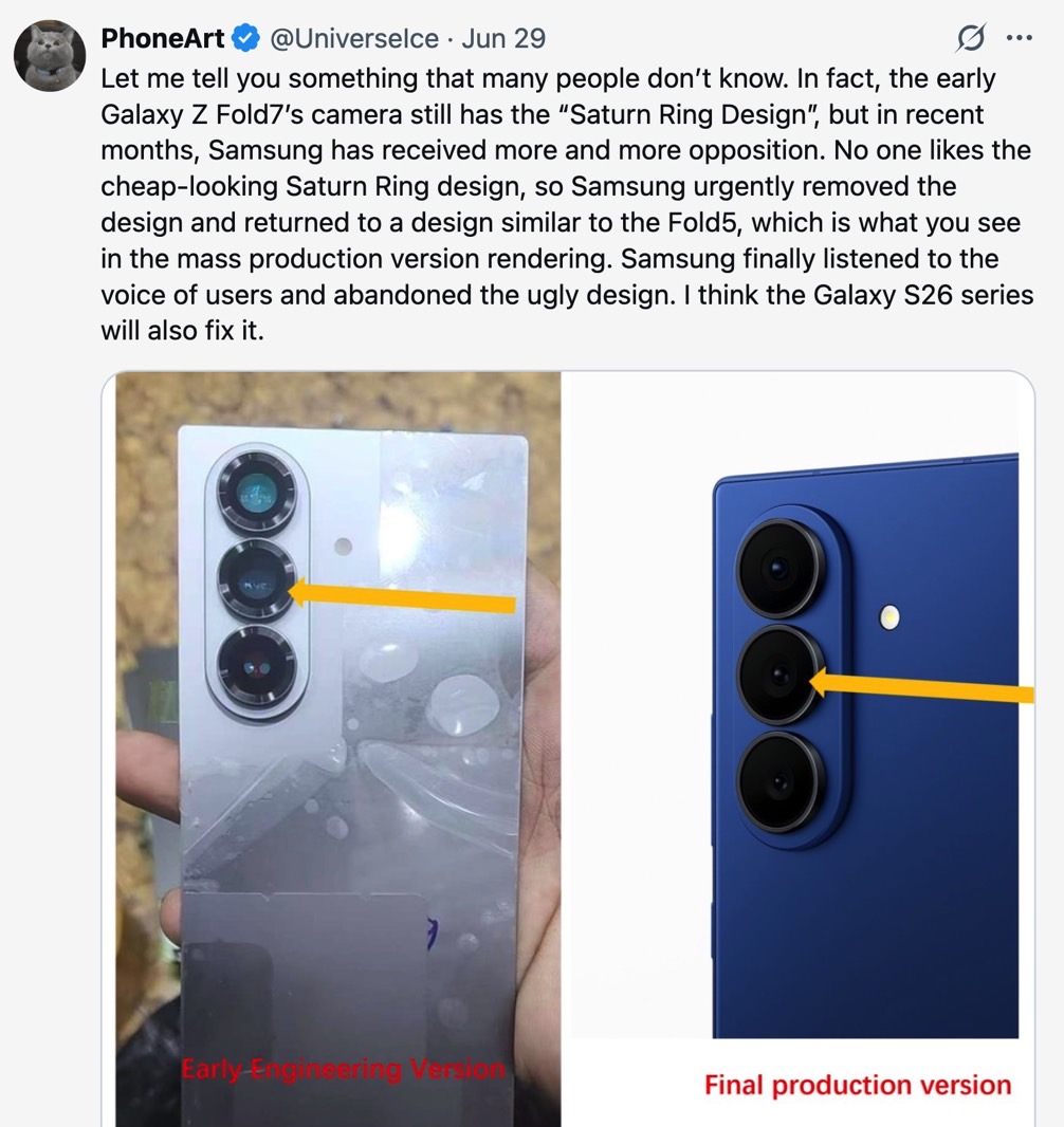The Galaxy Z Fold 7 camera ring design supposedly changed during prototyping.