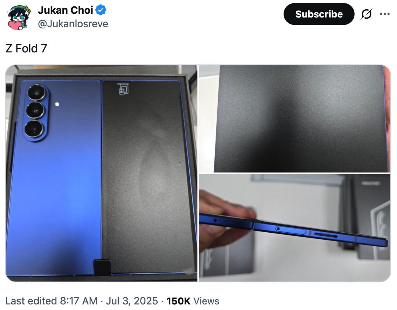 Photos showing the Galaxy Z Fold 7 leaked on X.