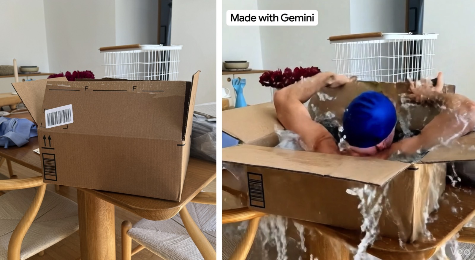 A screenshot from Google's example: Real photo (left) vs. Veo 3 video based on it (right).