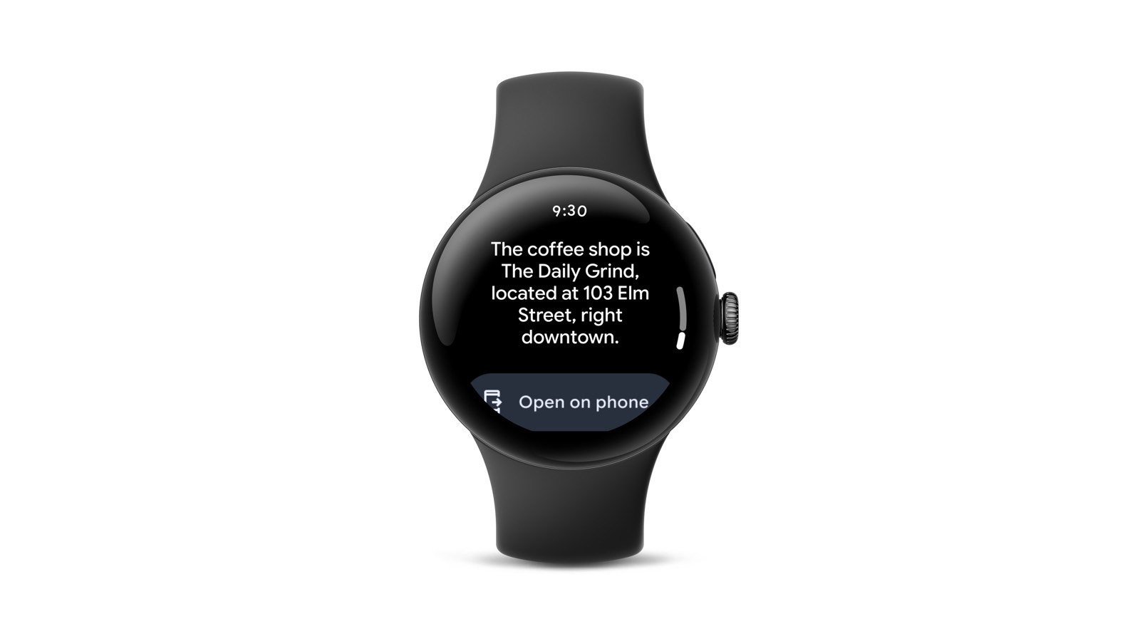 Looking up an address with Gemini on a Wear OS watch.