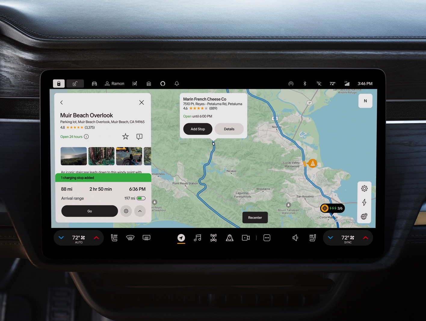 A close-up of the Google Maps navigation experience in a Rivian car.