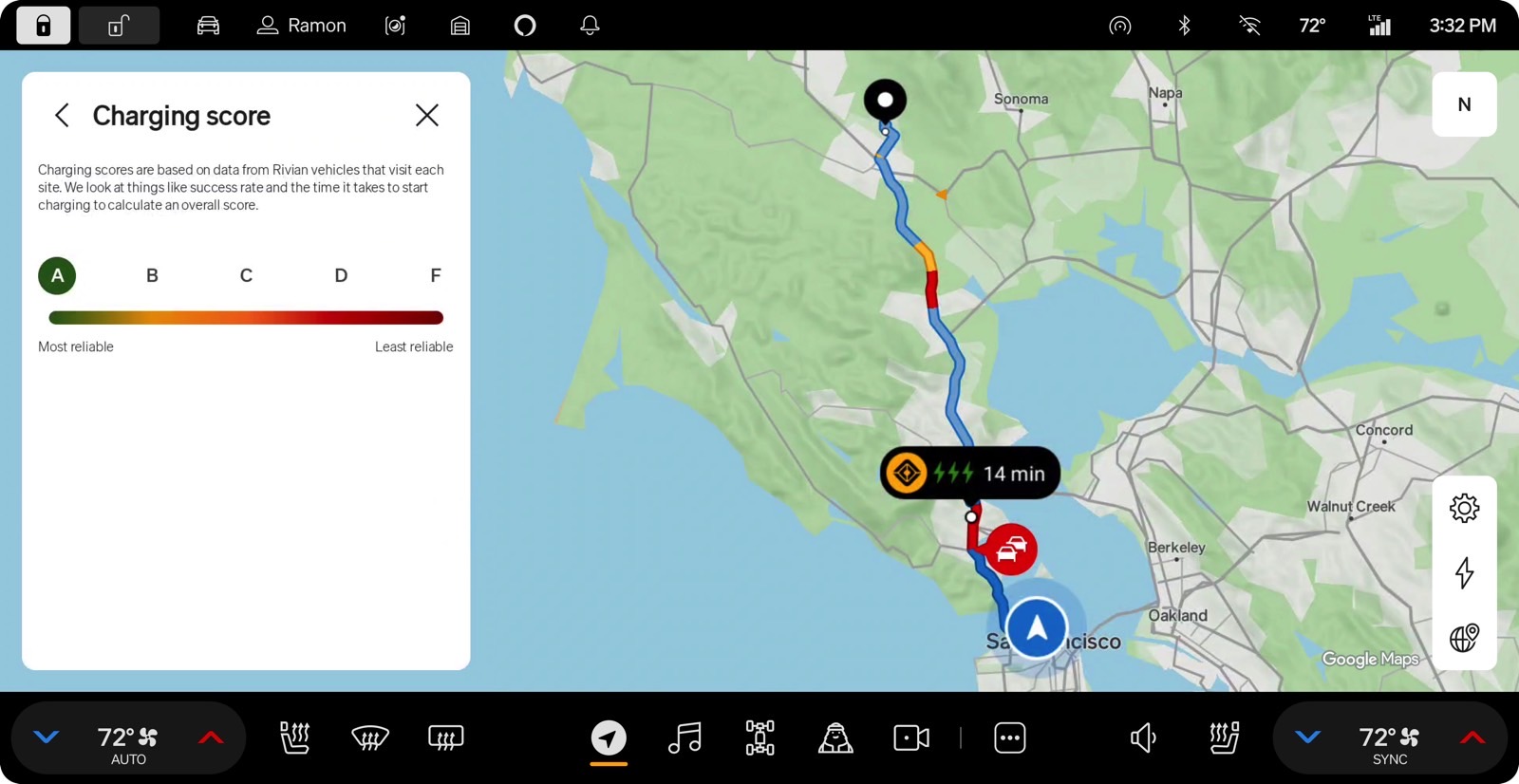Rivian's Charging Score displayed on a map.