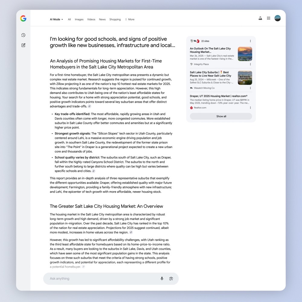 An example of a Deep Search analysis in Google Search.