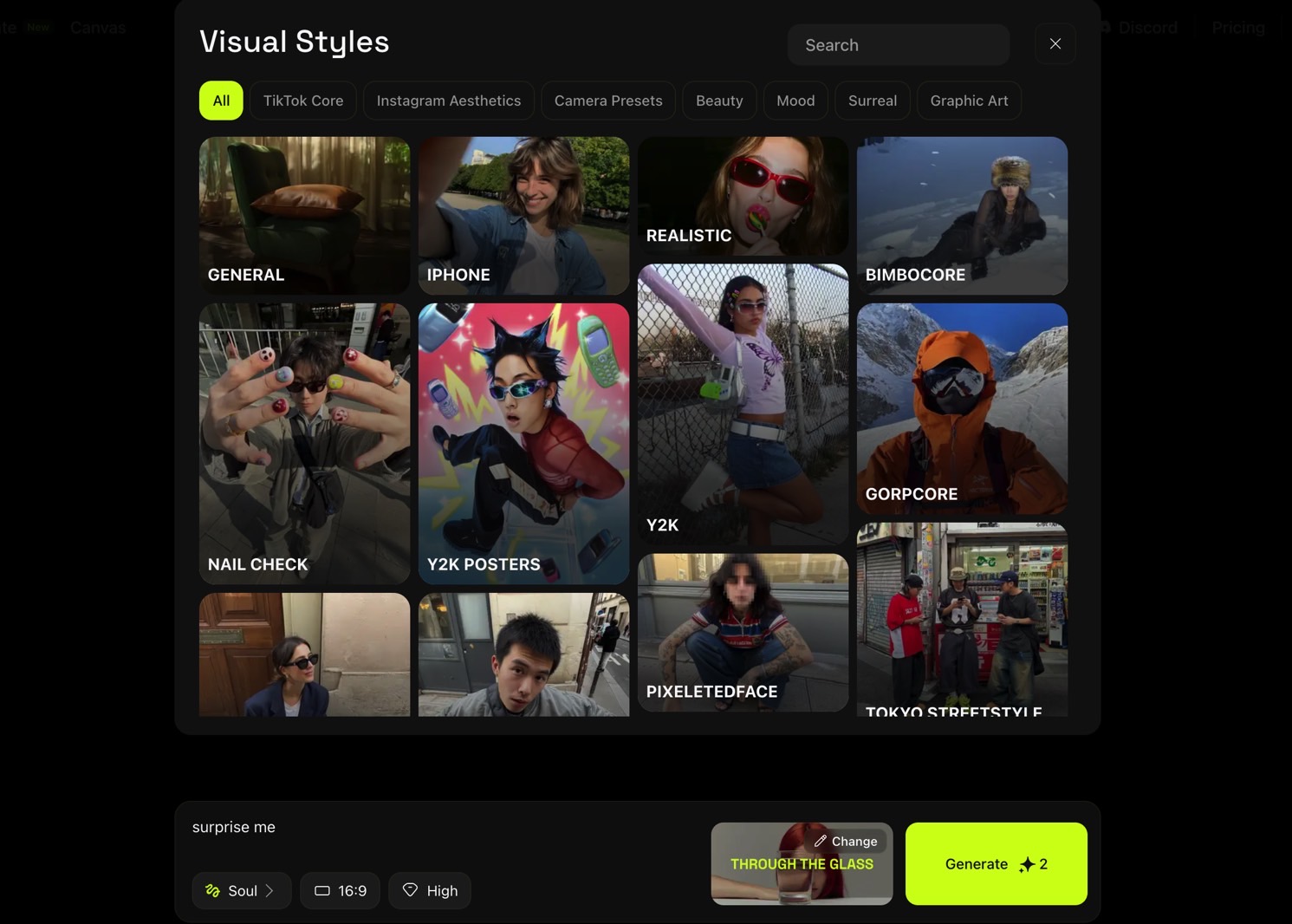 Higgsfield Soul prompt composer lets you select from 50+ visual styles.