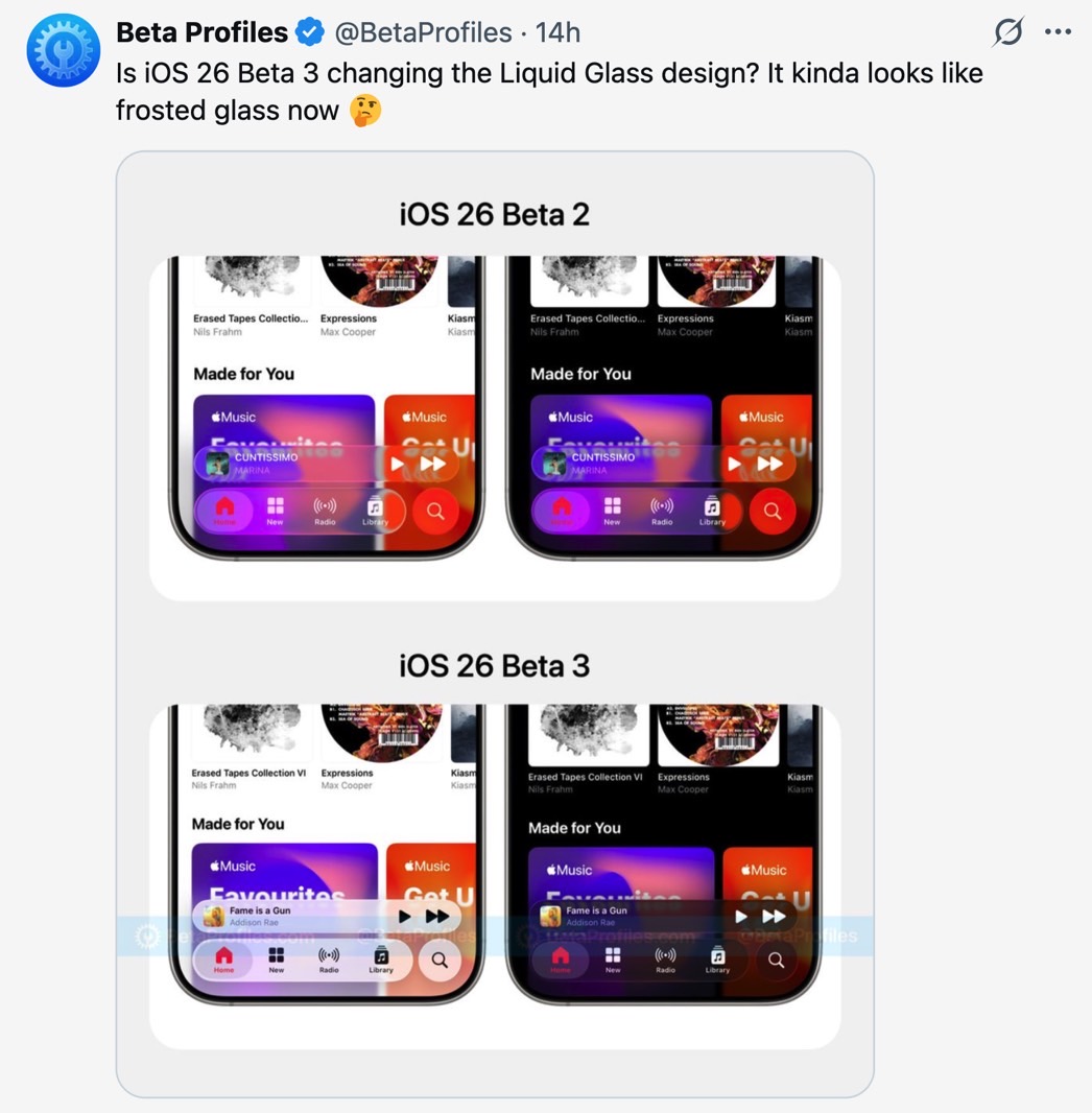 Liquid Glass transparency:  iOS 26 beta 2 (top) vs. iOS 26 beta 3 (bottom).